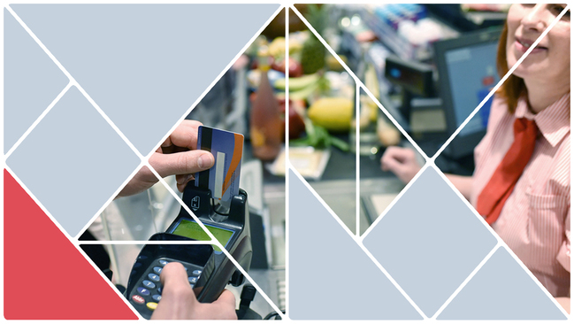 Kontaktloser Bezahlvorgang an der Supermarktkasse (Quelle: iStock / industryview) Kontaktloser Bezahlvorgang an der Supermarktkasse