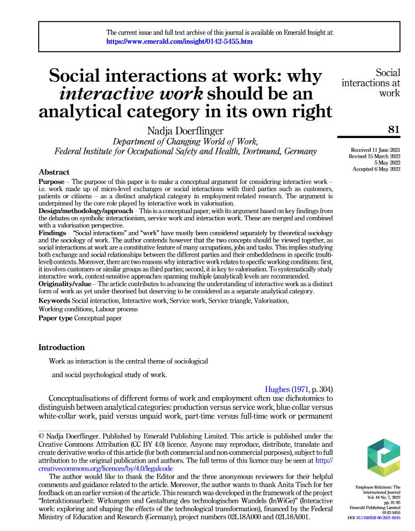 Publikation "Social interactions at work: why interactive work should be an analytical category in its own right" Publikation "Social interactions at work: why interactive work should be an analytical category in its own right"