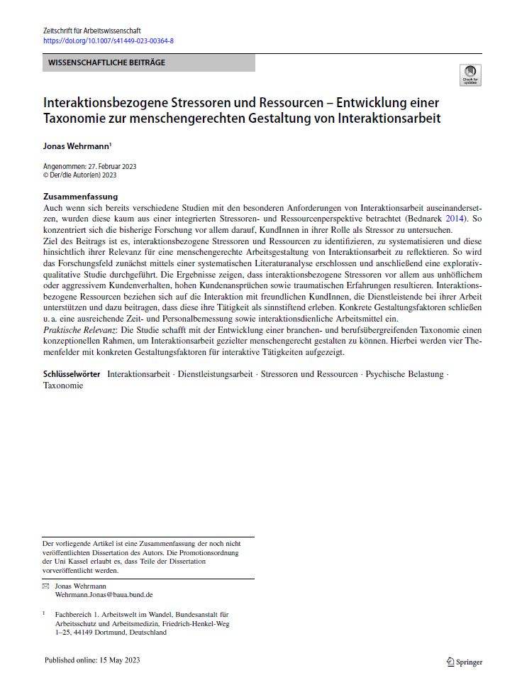 Interaktionsbezogene Stressoren und Ressourcen – Entwicklung einer Taxonomie zur menschengerechten Gestaltung von Interaktionsarbeit